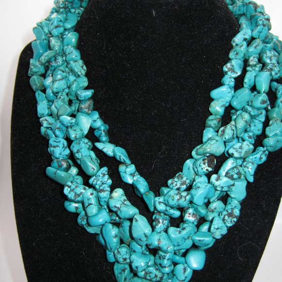 Preppy Turquoise  Natural Nugget 5 Stand Choker with Sterling Silver Clasp - Picture 5 of 5